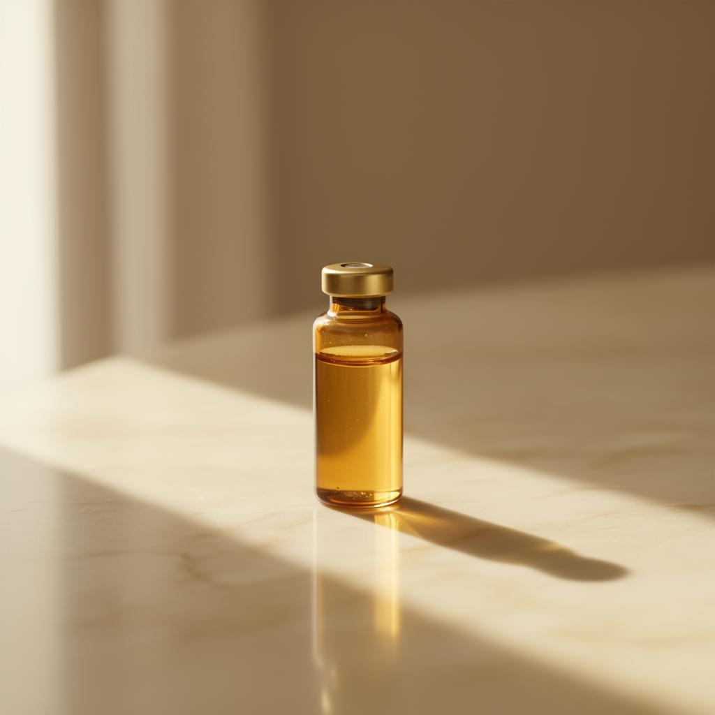Vial editorial de PRP avanzado AOORA™ sobre mármol — medicina regenerativa estética